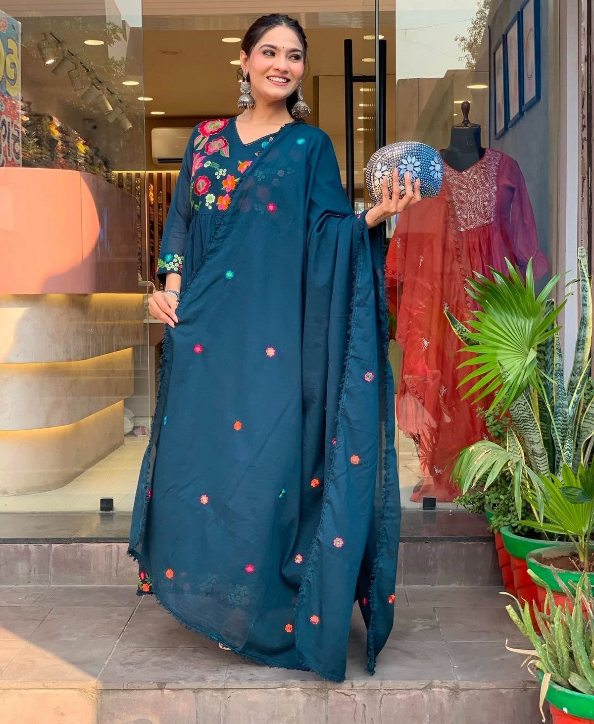 Women’s Teal Blue Anarkali Kurta Set with Dupatta | Premium Embroidered Muslin Silk Suit | Festive Wear Akrish