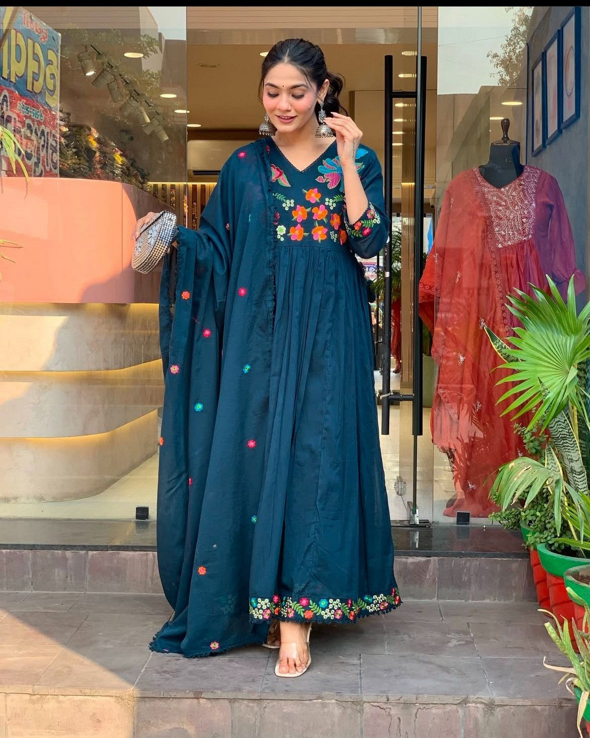 Women’s Teal Blue Anarkali Kurta Set with Dupatta | Premium Embroidered Muslin Silk Suit | Festive Wear Akrish