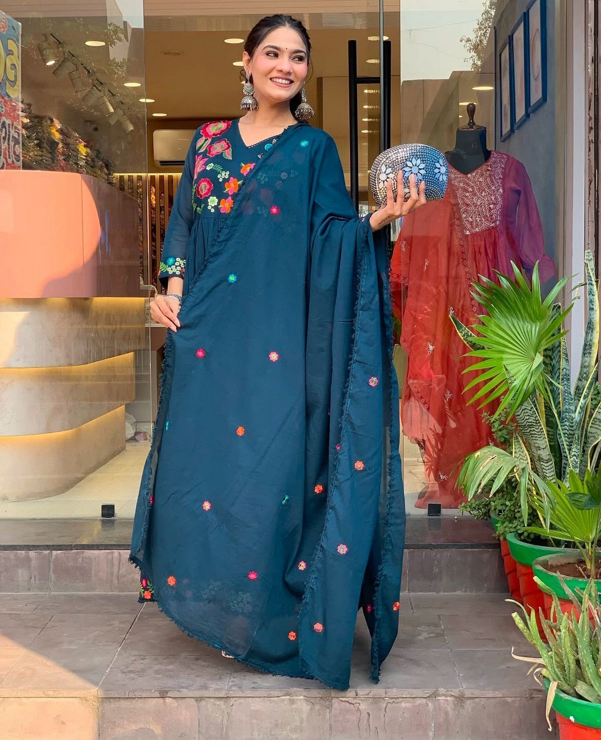 Women’s Teal Blue Anarkali Kurta Set with Dupatta | Premium Embroidered Muslin Silk Suit | Festive Wear Akrish