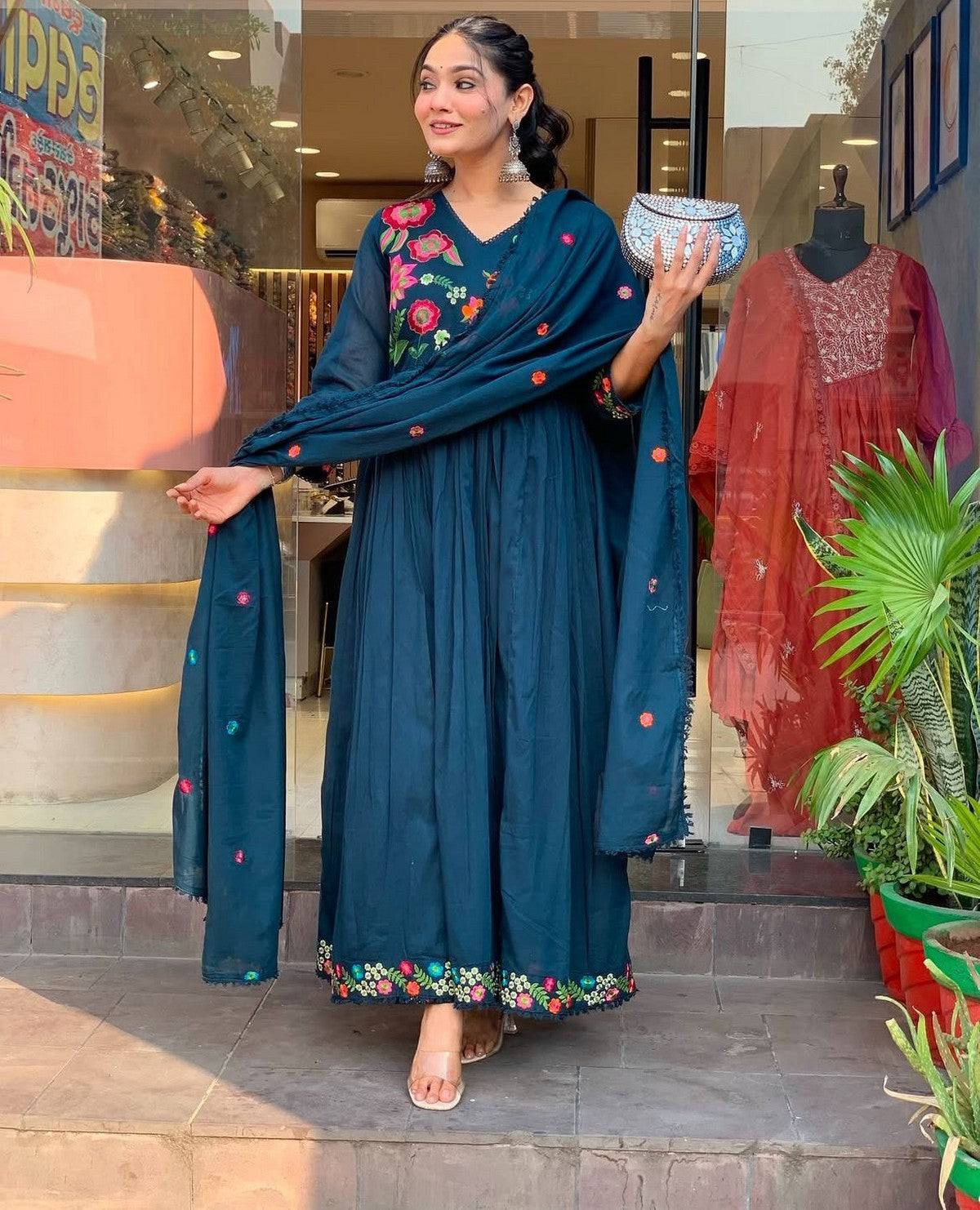 Women’s Teal Blue Anarkali Kurta Set with Dupatta | Premium Embroidered Muslin Silk Suit | Festive Wear Akrish