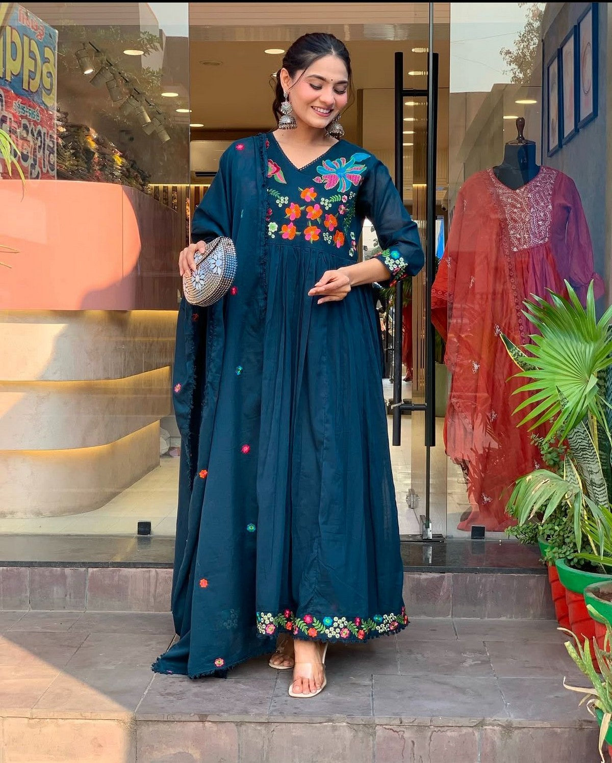 Women’s Teal Blue Anarkali Kurta Set with Dupatta | Premium Embroidered Muslin Silk Suit | Festive Wear Akrish