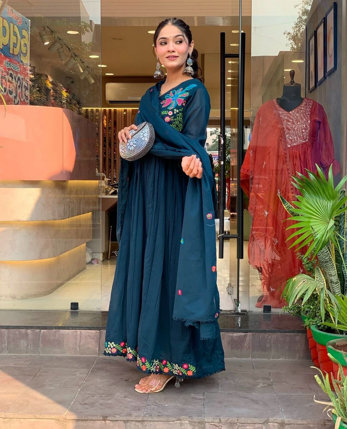 Women’s Teal Blue Anarkali Kurta Set with Dupatta | Premium Embroidered Muslin Silk Suit | Festive Wear Akrish