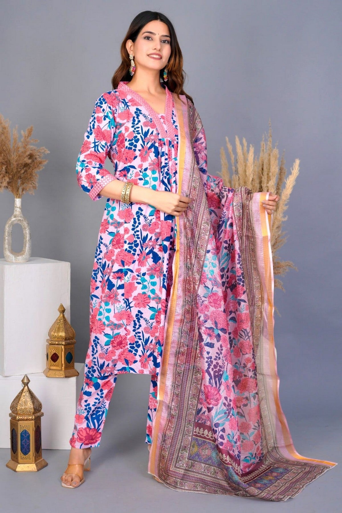 Floral Pink & Blue Printed Cotton Suit Set with Dupatta – Premium Summer Wear Akrish