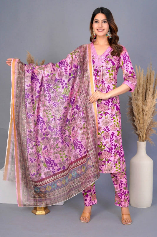 Lavender & Purple Floral Printed Cotton Suit Set with Dupatta – Elegant Daily & Festive Wear Akrish