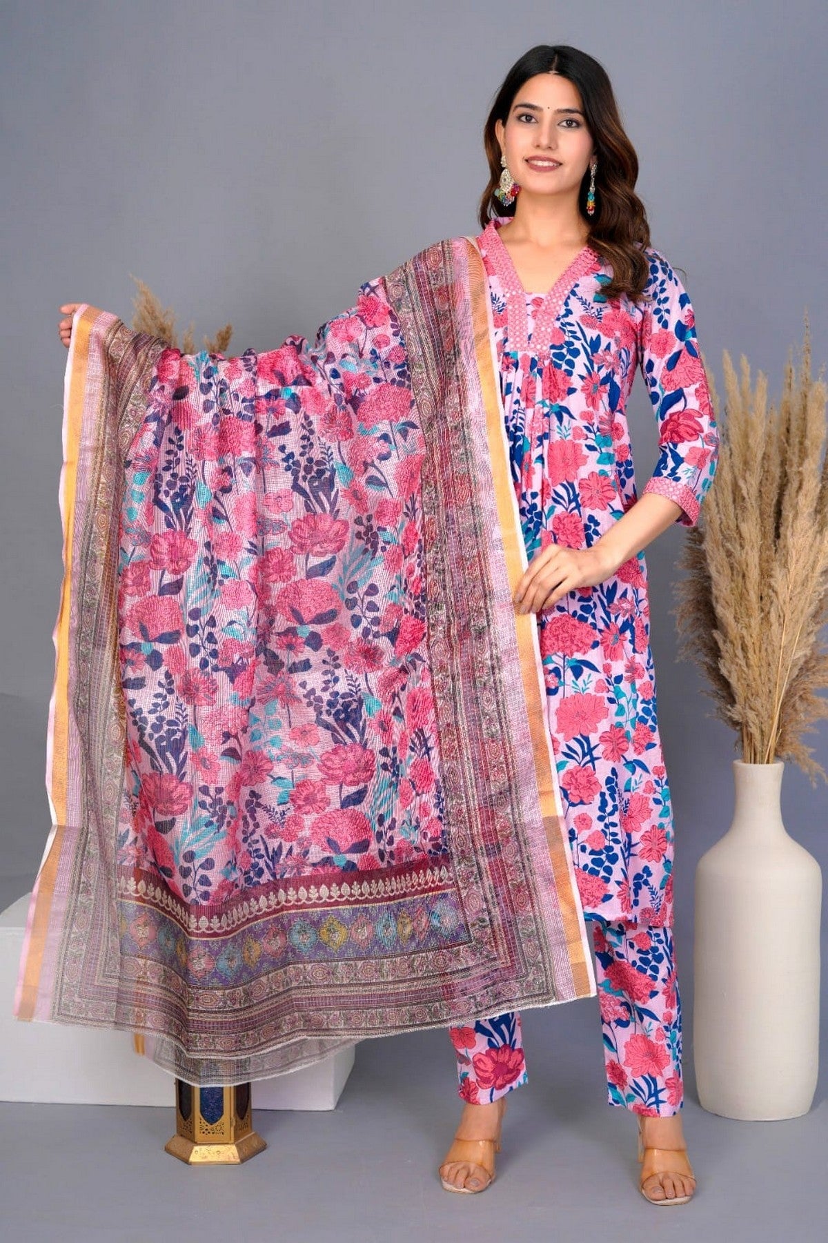 Floral Pink & Blue Printed Cotton Suit Set with Dupatta – Premium Summer Wear Akrish