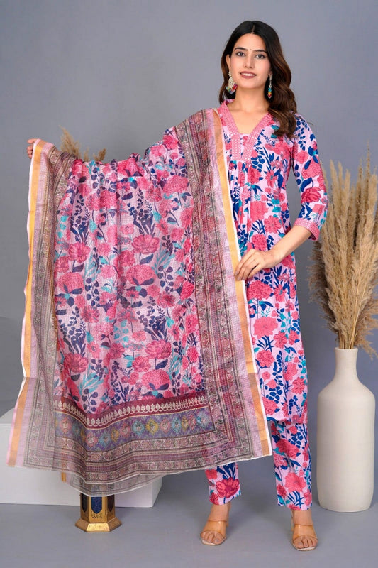 Floral Pink & Blue Printed Cotton Suit Set with Dupatta – Premium Summer Wear Akrish