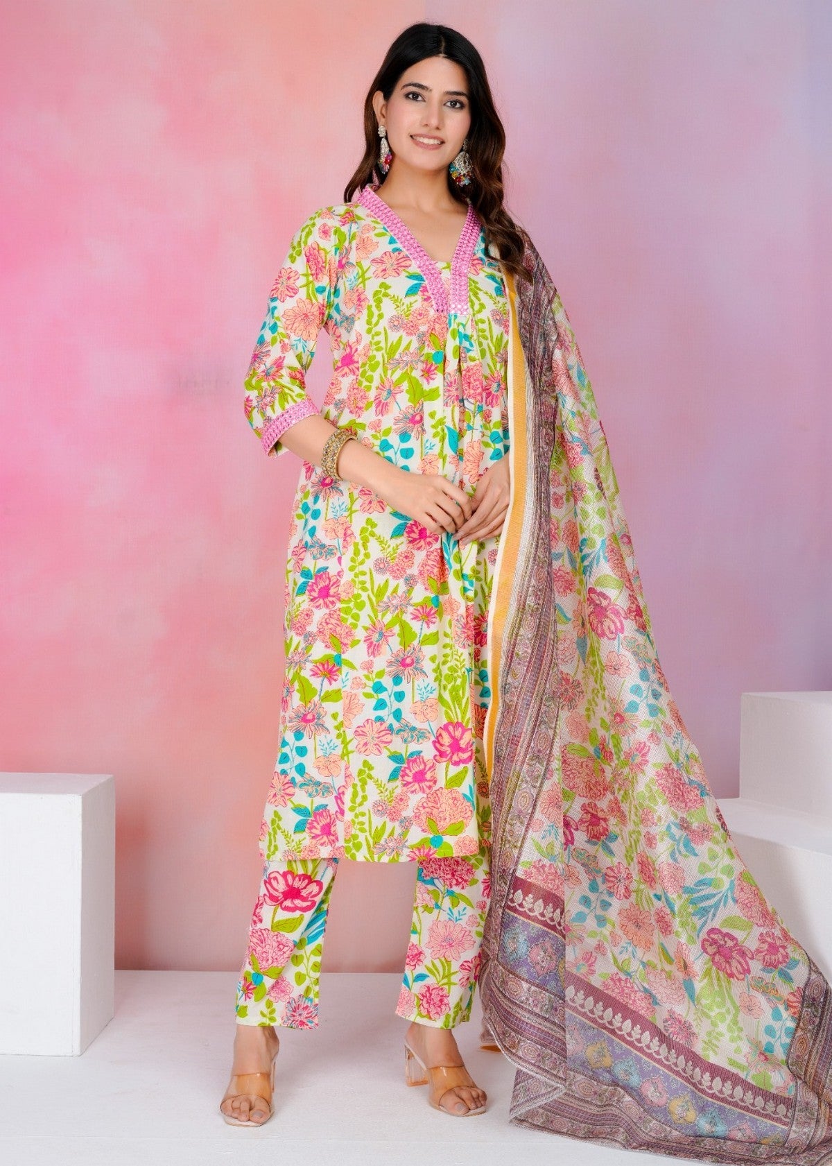 White Multicolour Floral Printed Cotton Suit Set with Dupatta – Fresh Summer Collection Akrish