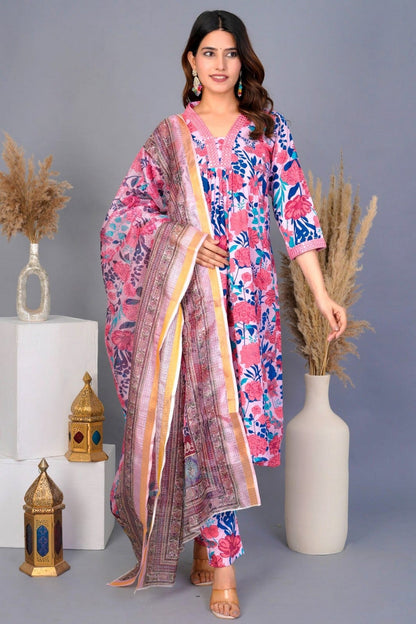 Floral Pink & Blue Printed Cotton Suit Set with Dupatta – Premium Summer Wear Akrish