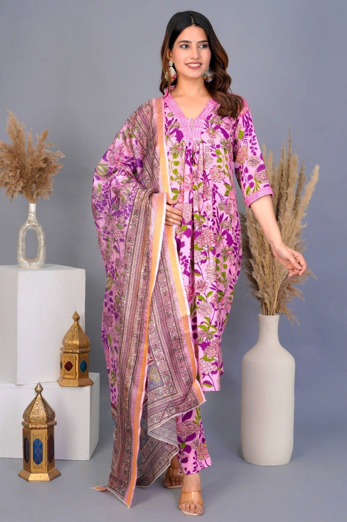 Lavender & Purple Floral Printed Cotton Suit Set with Dupatta – Elegant Daily & Festive Wear Akrish