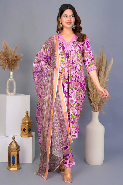 Lavender & Purple Floral Printed Cotton Suit Set with Dupatta – Elegant Daily & Festive Wear Akrish