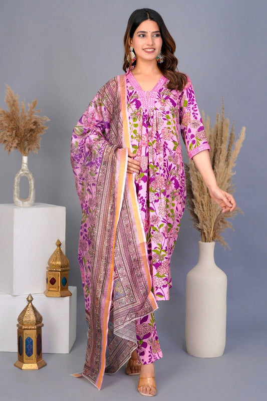 Lavender & Purple Floral Printed Cotton Suit Set with Dupatta – Elegant Daily & Festive Wear Akrish