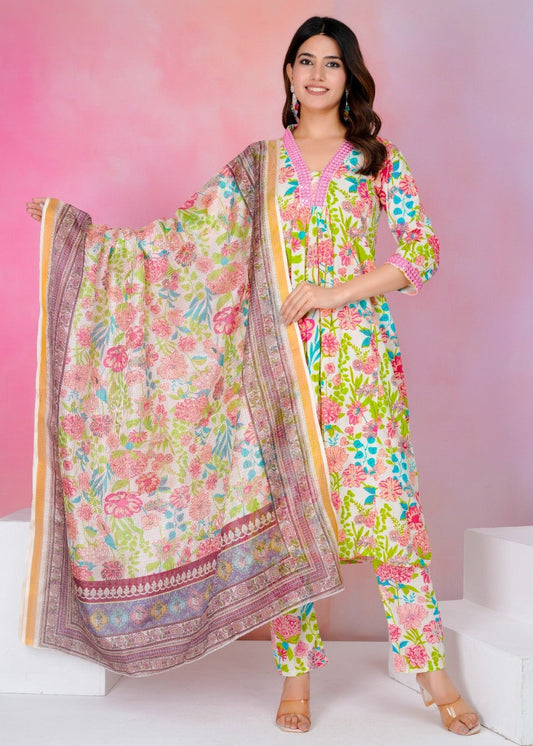 White Multicolour Floral Printed Cotton Suit Set with Dupatta – Fresh Summer Collection Akrish
