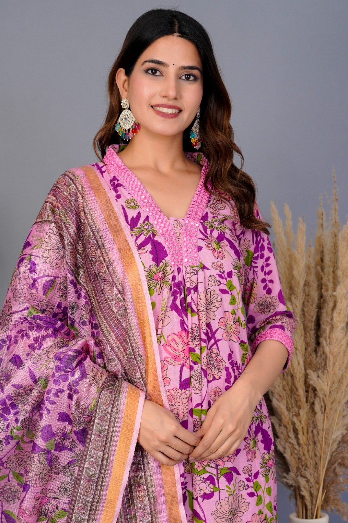 Lavender & Purple Floral Printed Cotton Suit Set with Dupatta – Elegant Daily & Festive Wear Akrish