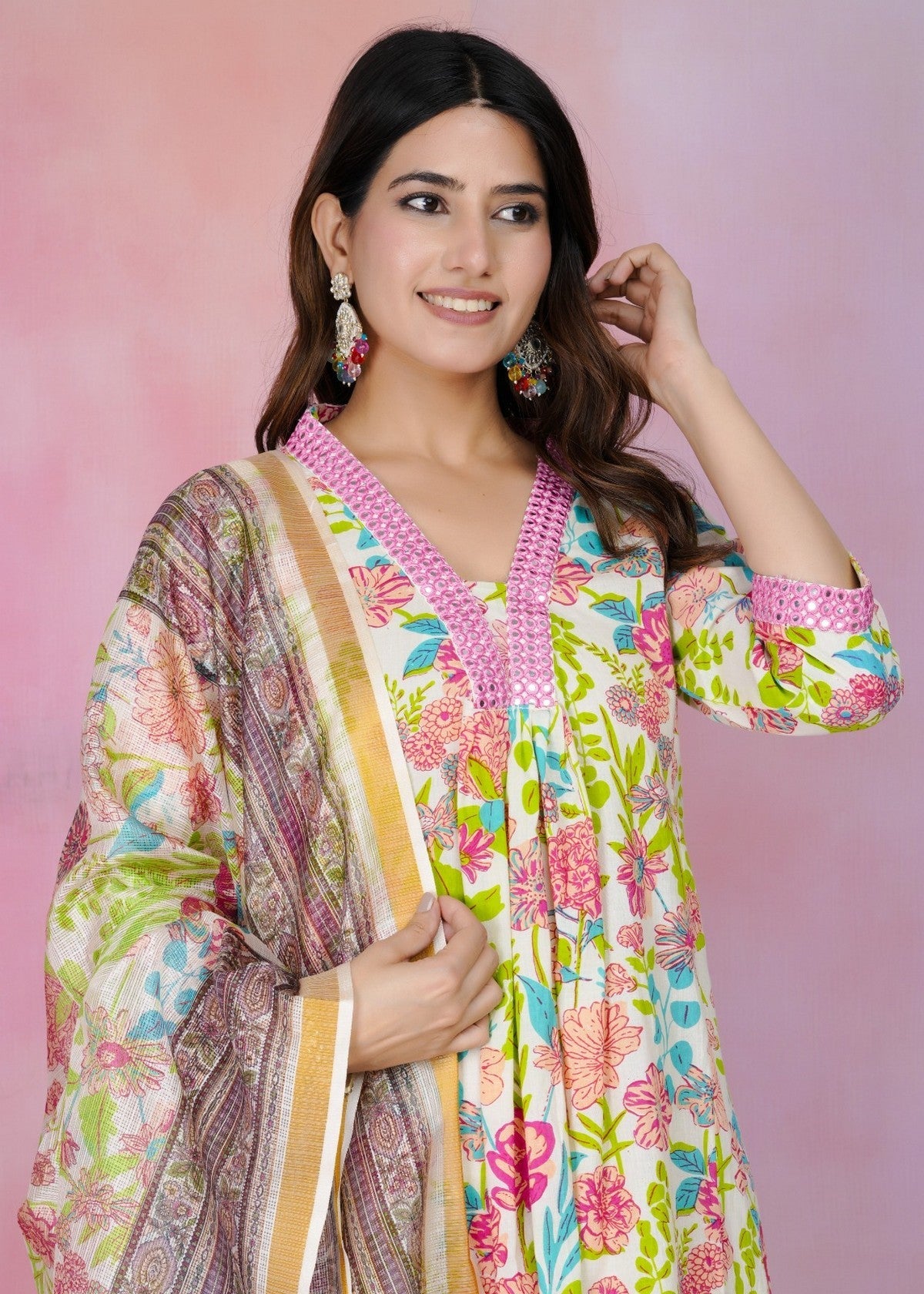 White Multicolour Floral Printed Cotton Suit Set with Dupatta – Fresh Summer Collection Akrish