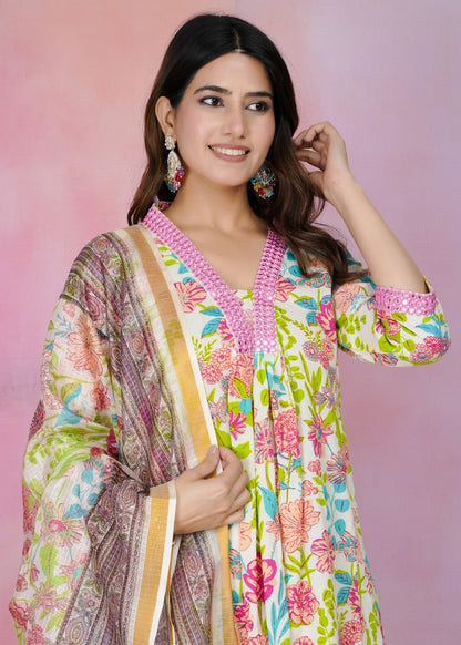 White Multicolour Floral Printed Cotton Suit Set with Dupatta – Fresh Summer Collection Akrish