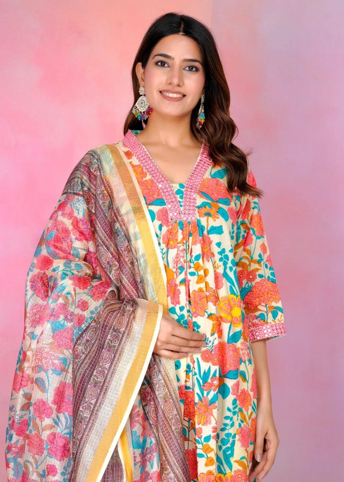 Cream Multicolour Floral Printed Cotton Suit Set with Dupatta – Premium Summer Floral Collection Akrish