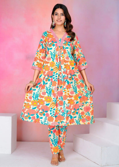 Cream Multicolour Floral Printed Cotton Suit Set with Dupatta – Premium Summer Floral Collection Akrish