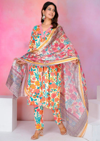 Cream Multicolour Floral Printed Cotton Suit Set with Dupatta – Premium Summer Floral Collection Akrish