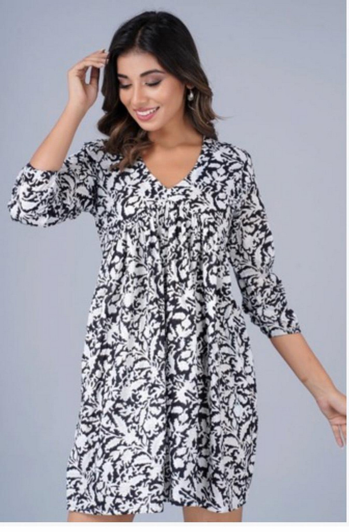 Women’s Black & White Printed Short A-Line Dress – Lightweight Casual Wear with 3/4 Sleeves Akrish