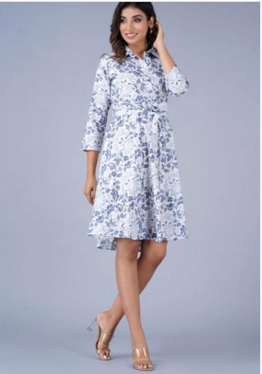 Women’s Blue & White Floral A-Line Shirt Dress Akrish