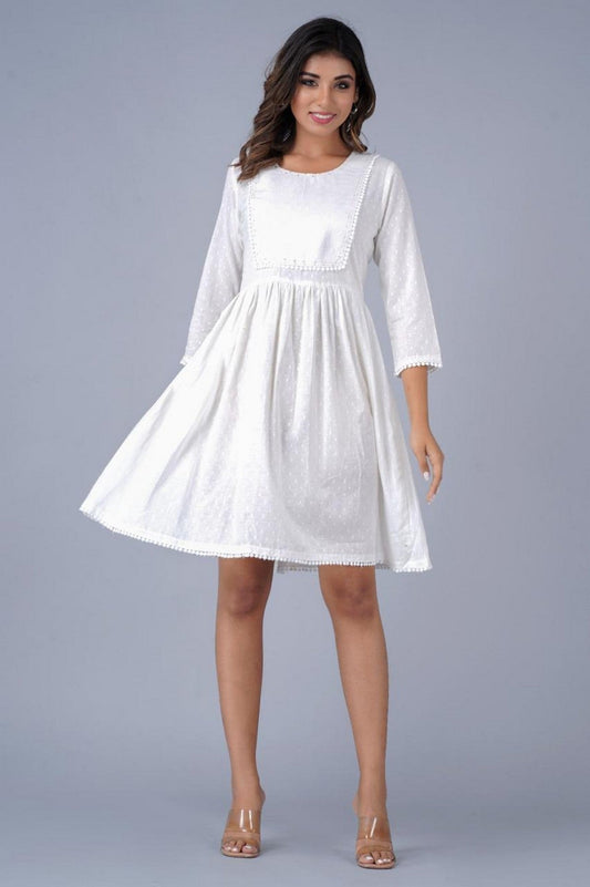 Women’s White Swiss-Dot Fit & Flare Dress with Lace Detailing Akrish