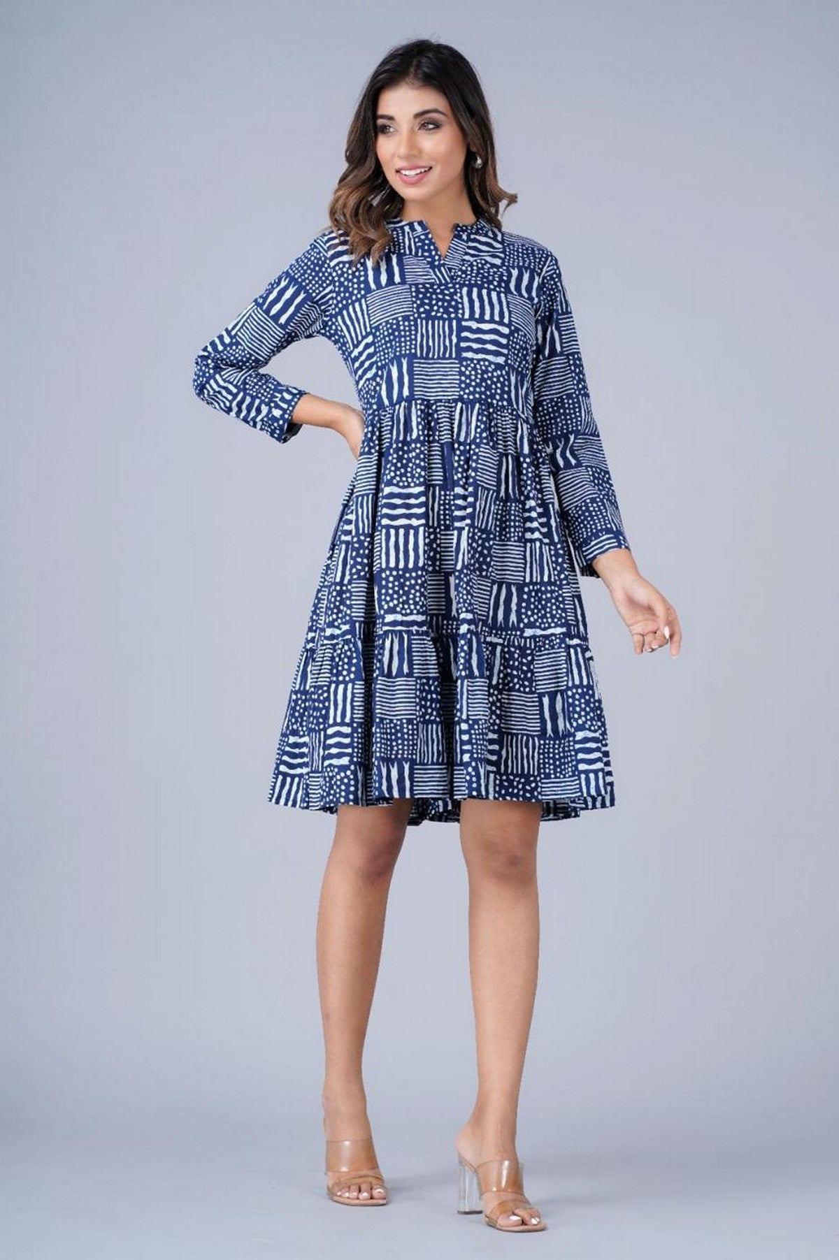 Women’s Navy Blue Abstract Print Tiered A-Line Dress Akrish