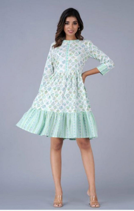 Women’s Mint Green Printed Tiered A-Line Dress Akrish