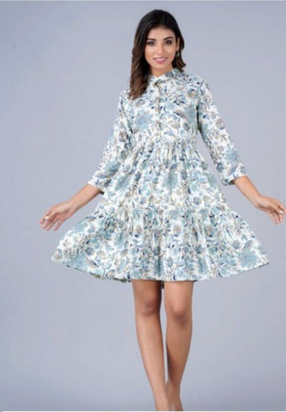 Women’s Blue Floral Printed Tiered Dress with Button-Down Front & Mandarin Collar – Cotton Casual Dress Akrish