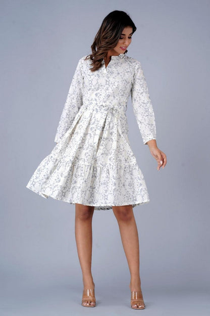 Women’s White & Grey Floral Printed A-Line Fit & Flare Dress with Waist Belt – Cotton Midi Dress Akrish