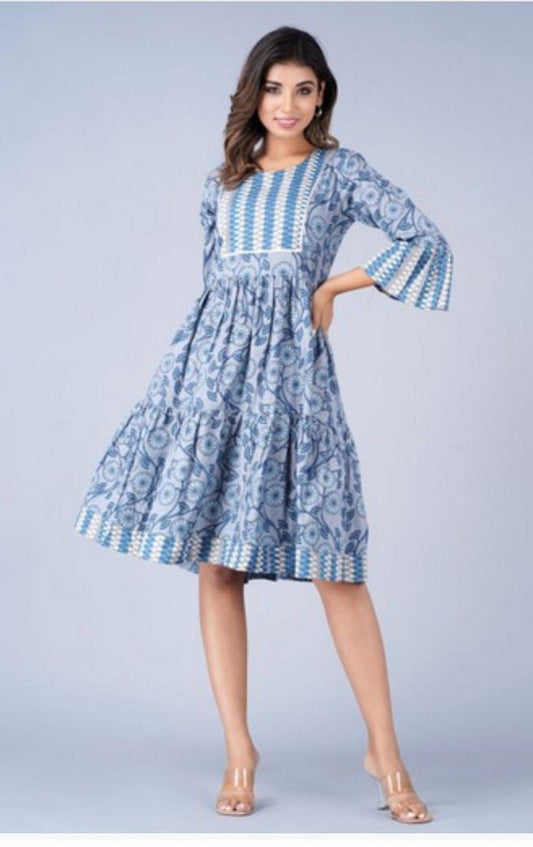Women’s Blue Floral Printed Tiered A-Line Dress – Cotton Knee-Length Dress with Flared Sleeves Akrish