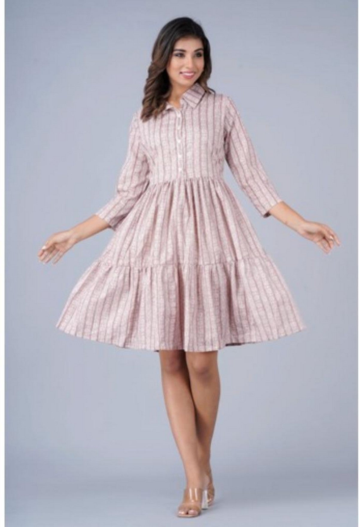 Women’s Pink Printed Tiered Shirt Dress Akrish