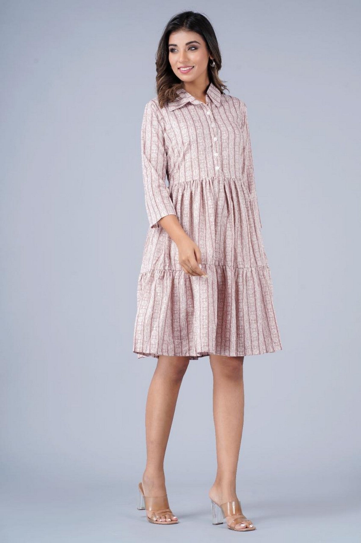 Women’s Pink Printed Tiered Shirt Dress Akrish
