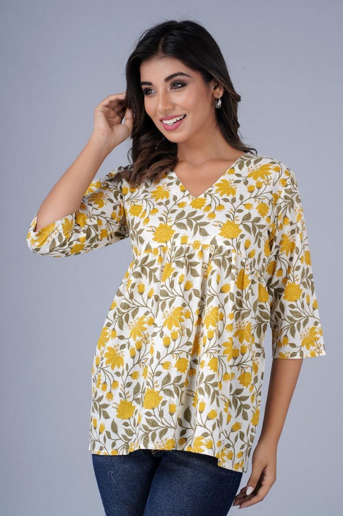 Women’s Yellow Floral Printed Peplum Top – Casual Cotton Top with 3/4 Sleeves Akrish