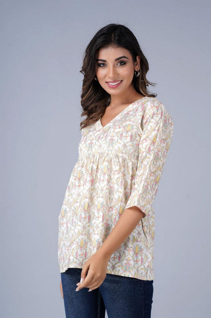 Cream & Pastel Floral A-Line Casual Top Akrish