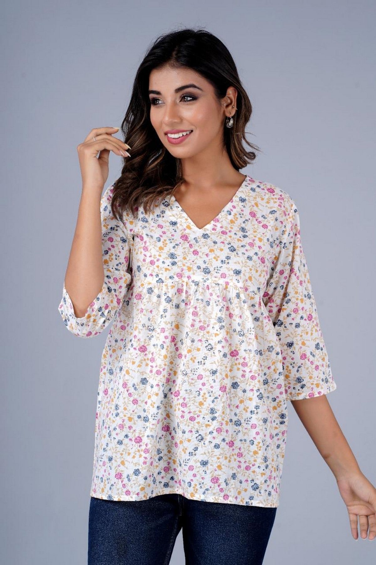 Women’s White Multicolor Floral Printed Peplum Top – Soft Cotton Top with 3/4 Sleeves Akrish