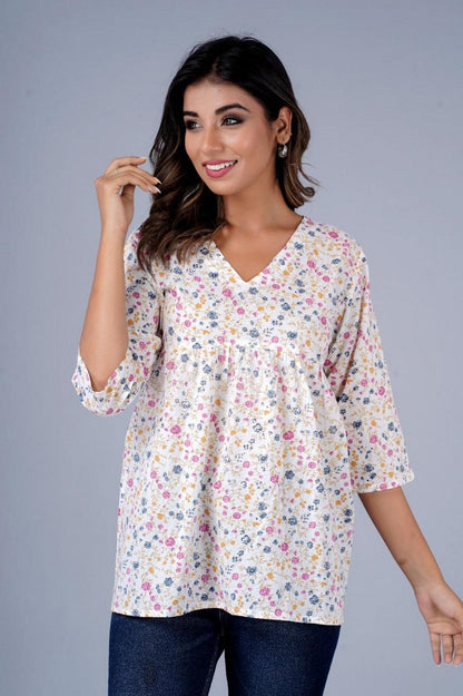 Women’s White Multicolor Floral Printed Peplum Top – Soft Cotton Top with 3/4 Sleeves Akrish