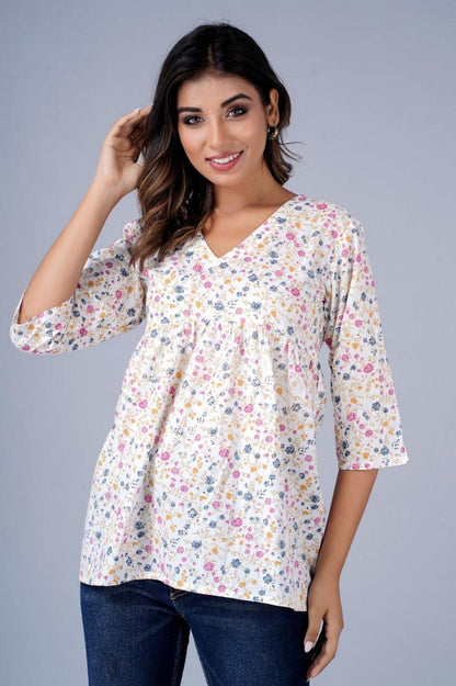 Women’s White Multicolor Floral Printed Peplum Top – Soft Cotton Top with 3/4 Sleeves Akrish