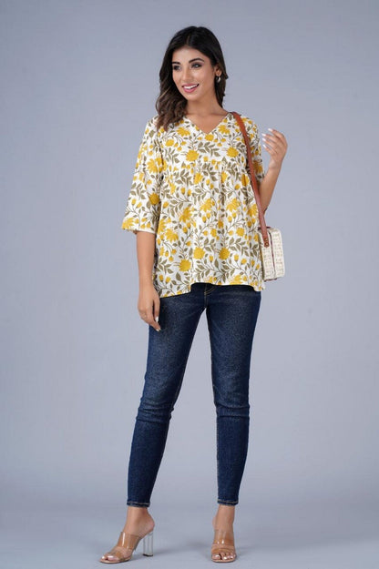 Women’s Yellow Floral Printed Peplum Top – Casual Cotton Top with 3/4 Sleeves Akrish