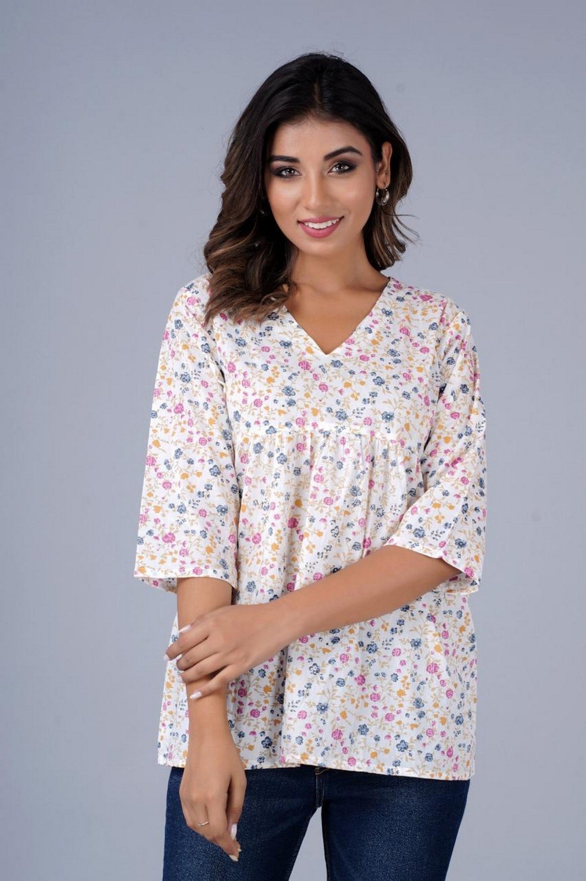 Women’s White Multicolor Floral Printed Peplum Top – Soft Cotton Top with 3/4 Sleeves Akrish