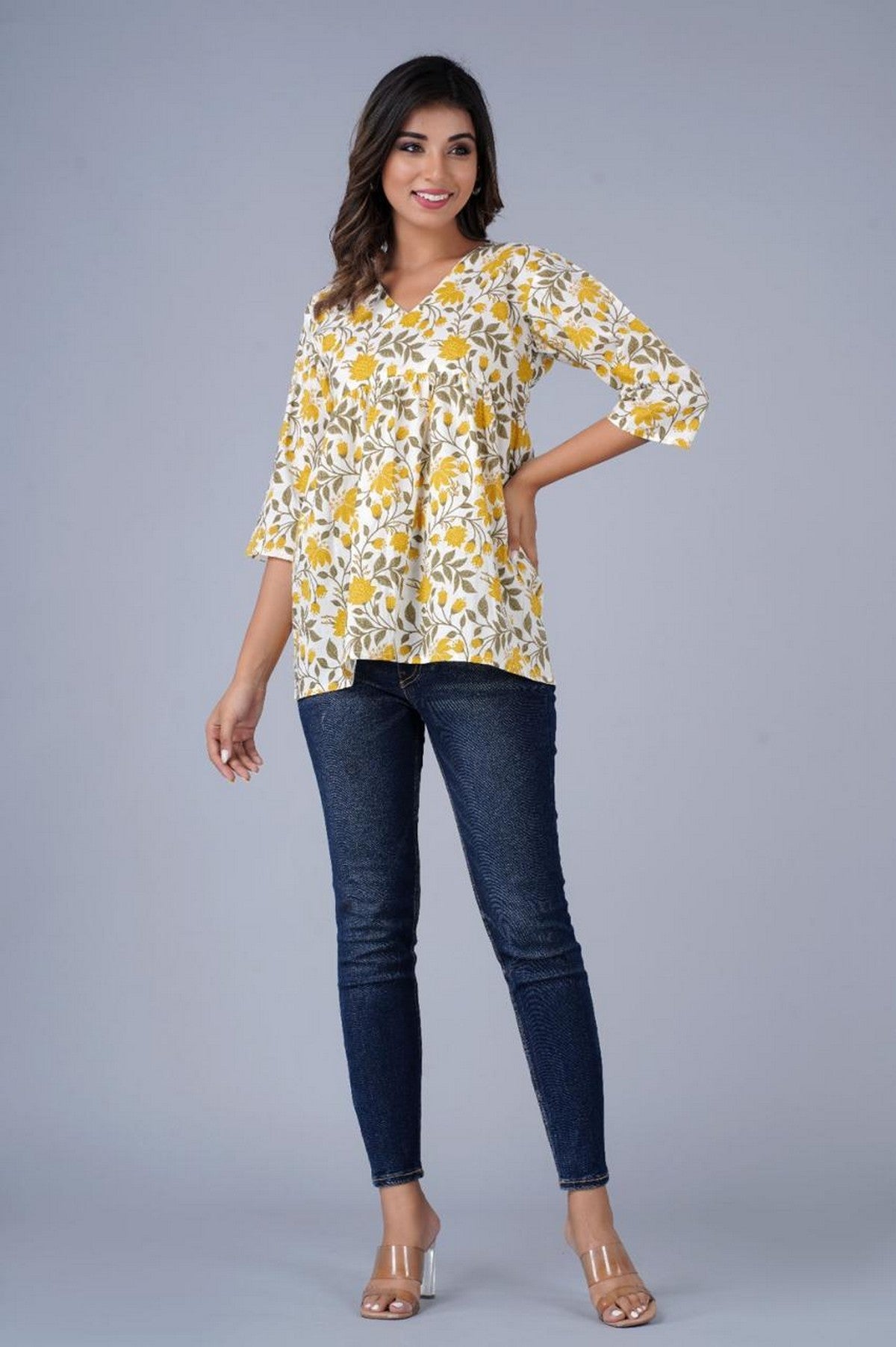 Women’s Yellow Floral Printed Peplum Top – Casual Cotton Top with 3/4 Sleeves Akrish