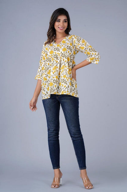 Women’s Yellow Floral Printed Peplum Top – Casual Cotton Top with 3/4 Sleeves Akrish