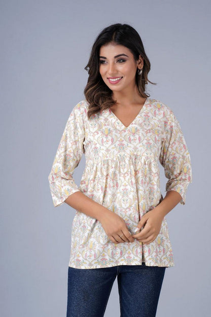 Cream & Pastel Floral A-Line Casual Top Akrish