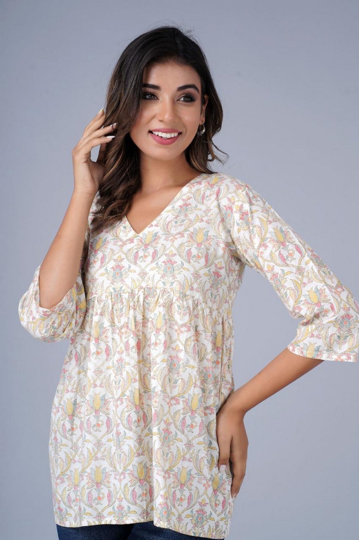 Cream & Pastel Floral A-Line Casual Top Akrish