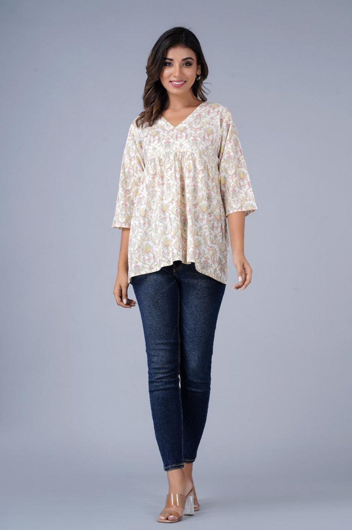 Cream & Pastel Floral A-Line Casual Top Akrish