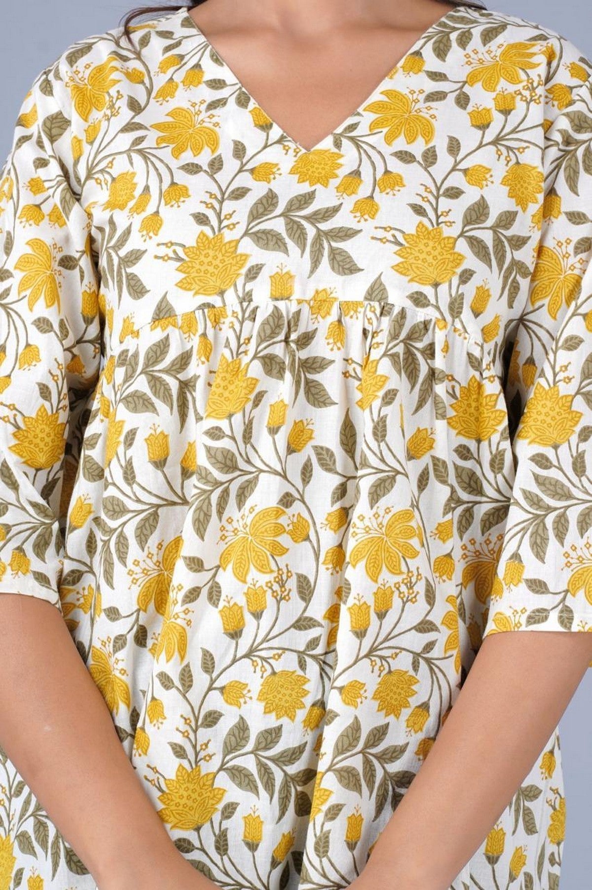 Women’s Yellow Floral Printed Peplum Top – Casual Cotton Top with 3/4 Sleeves Akrish