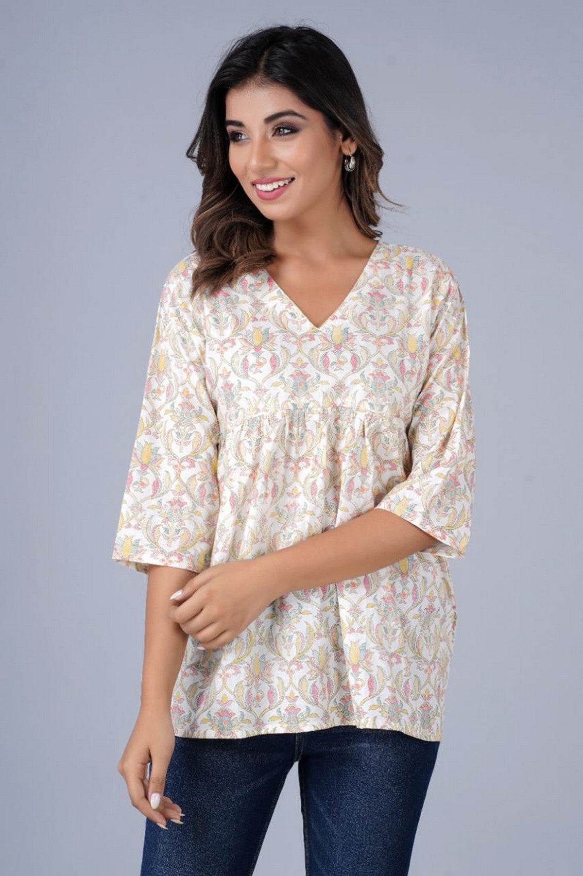 Cream & Pastel Floral A-Line Casual Top Akrish