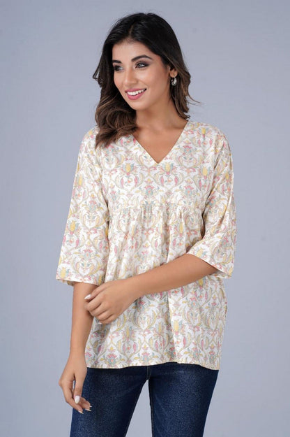 Cream & Pastel Floral A-Line Casual Top Akrish