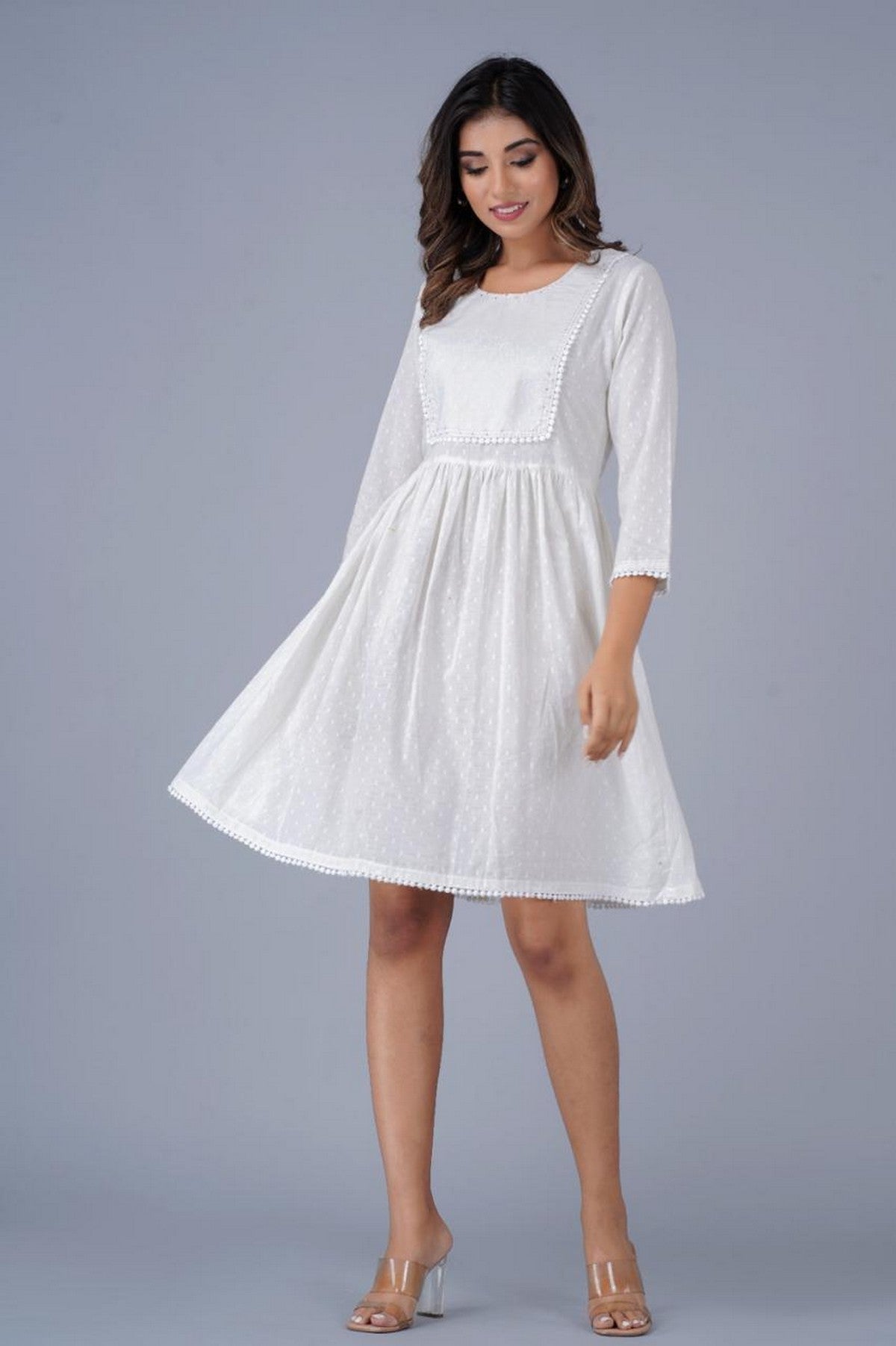 Women’s White Swiss-Dot Fit & Flare Dress with Lace Detailing Akrish