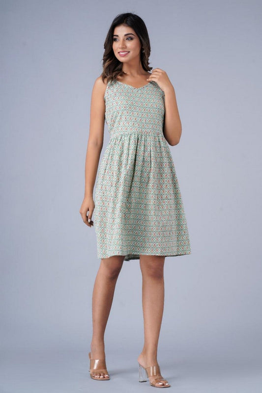 Women’s Green Geometric Print Sleeveless Fit & Flare Dress Akrish