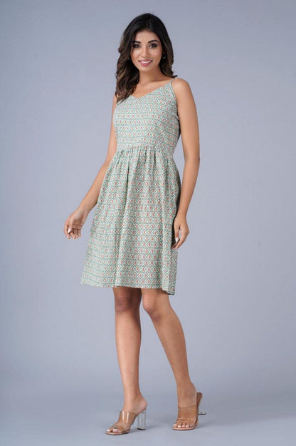 Women’s Green Geometric Print Sleeveless Fit & Flare Dress Akrish